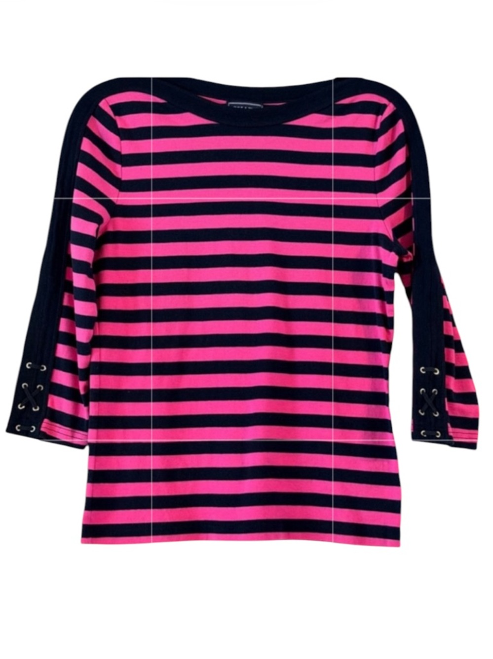 Chaps Pink & Navy Blue Striped Boatneck 3/4 Sleeve Top Lace-Up Cuffs Size M